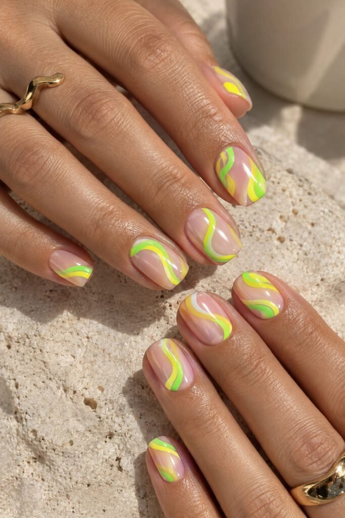 Acid lime green and neon yellow swirl nails on short rounded-square nails.