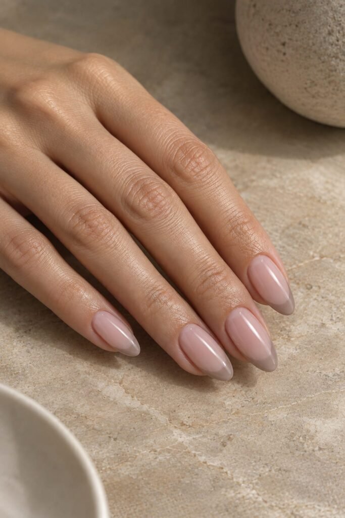 Almond foggy French nails with a sheer beige base and soft taupe tips
