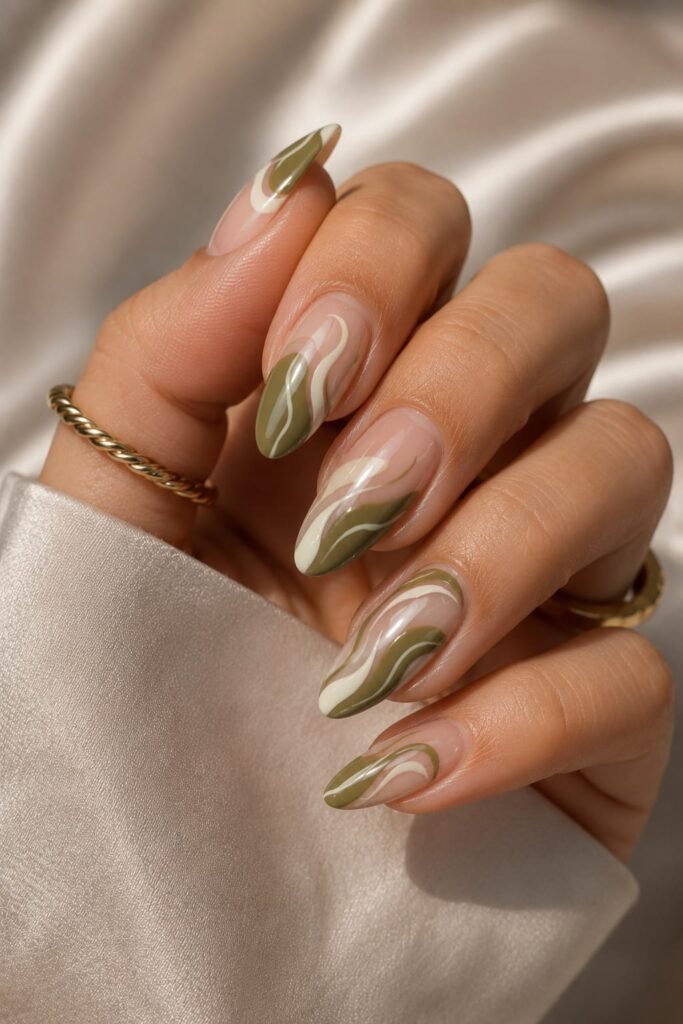 Almond nails adorned with glossy olive green and milky white marble swirl designs