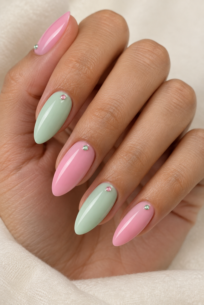Pink and green almond nails with gemstone accents