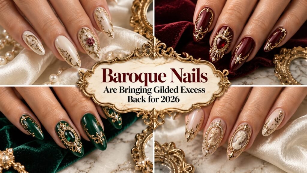 Baroque nails with raised gold scrollwork, pearls, jewels, and ornate gilded details