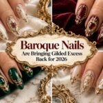 Baroque nails with raised gold scrollwork, pearls, jewels, and ornate gilded details