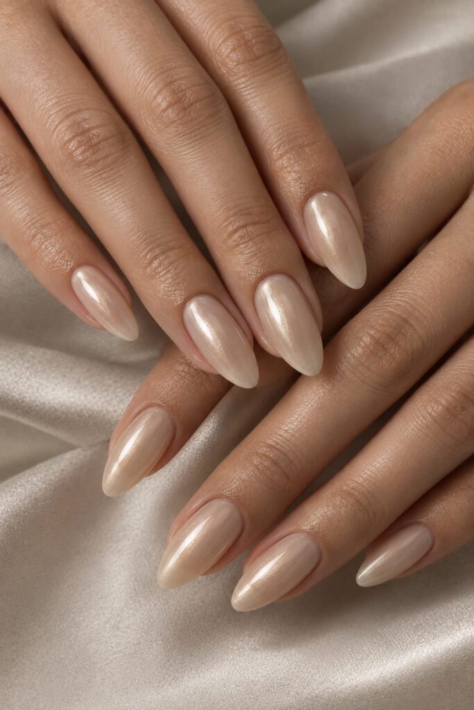 Beige almond nails with a soft pearly glazed finish