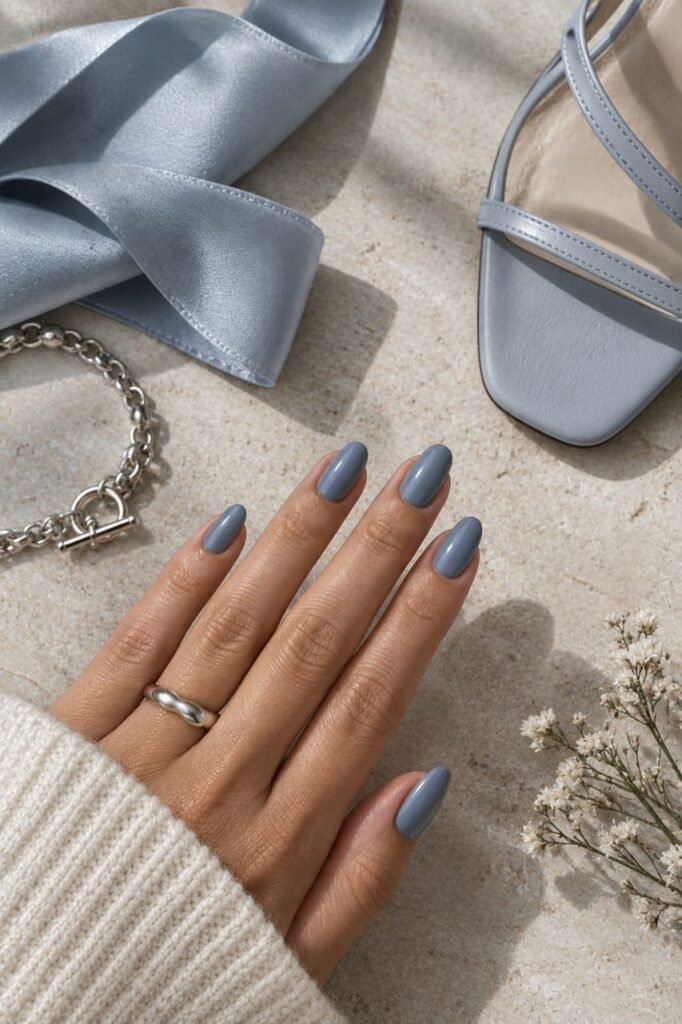 Blue-gray mist September nails with a glossy translucent finish styled with an ivory sweater and delicate sandal.