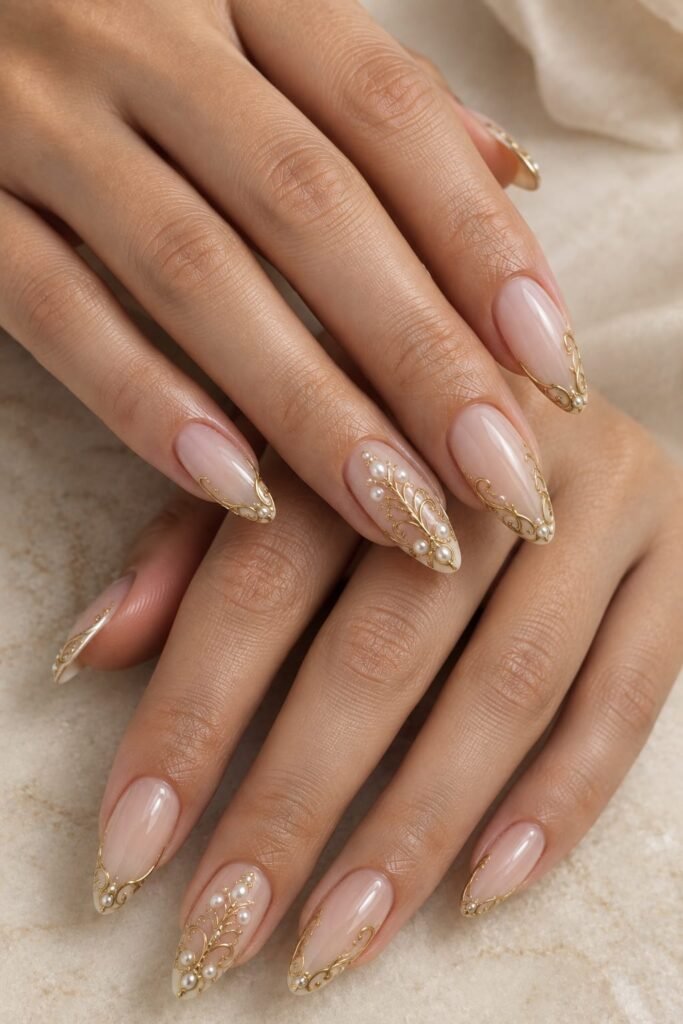 Blush nude Baroque French tips with curved gold frames and delicate pearls.