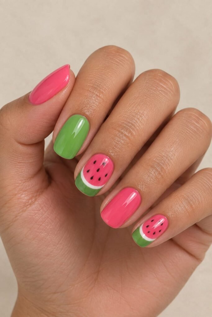 Blush pink nails with emerald chrome abstract French tips