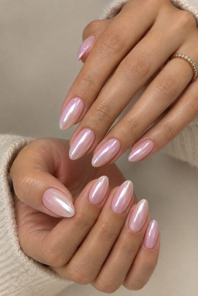 Blush pink pearl chrome nails with a soft almond shape