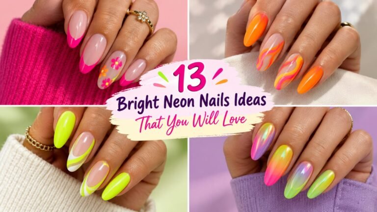Bright neon nail ideas featuring colorful summer manicures with vibrant pink, orange, yellow, and green designs.