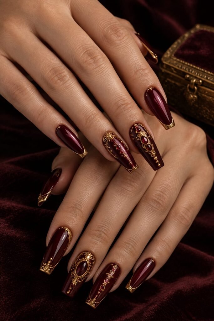 Burgundy Baroque nails with antique-gold frames, filigree, and jewel accents.