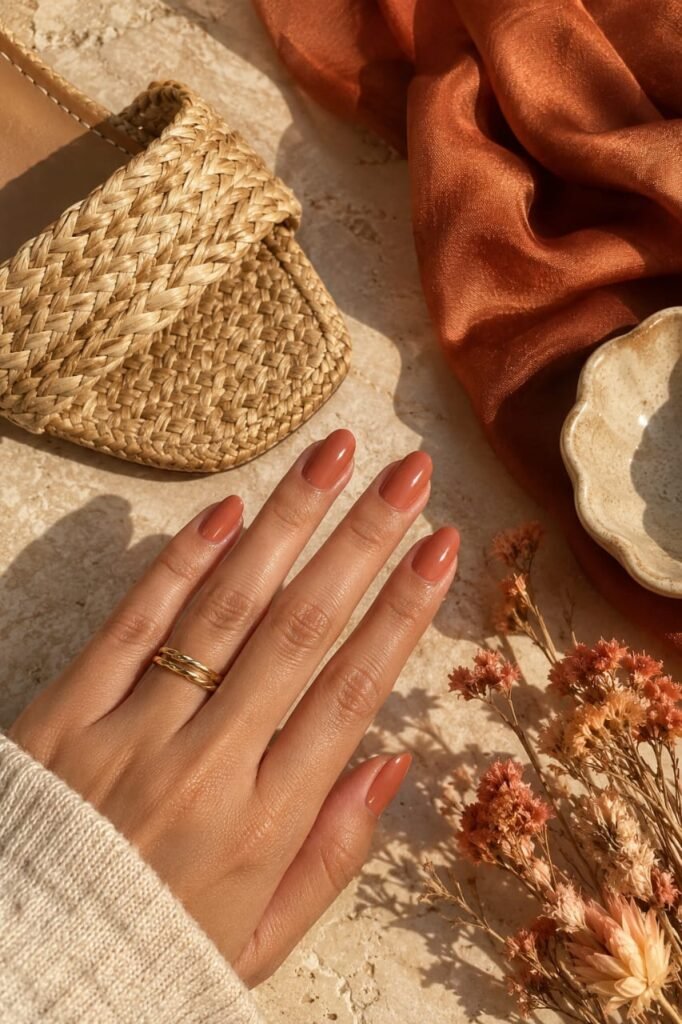 Burnt peach September nails with a luminous finish styled with a woven sandal and warm seasonal accessories