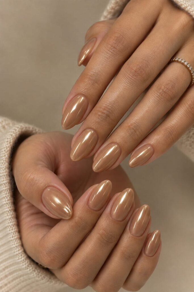 Caramel nude glazed chrome nails with a warm honey finish