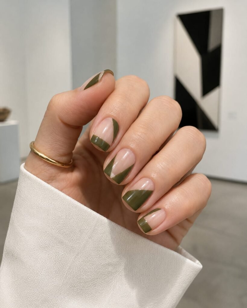 Clear negative space manicure with geometric olive green color blocking.