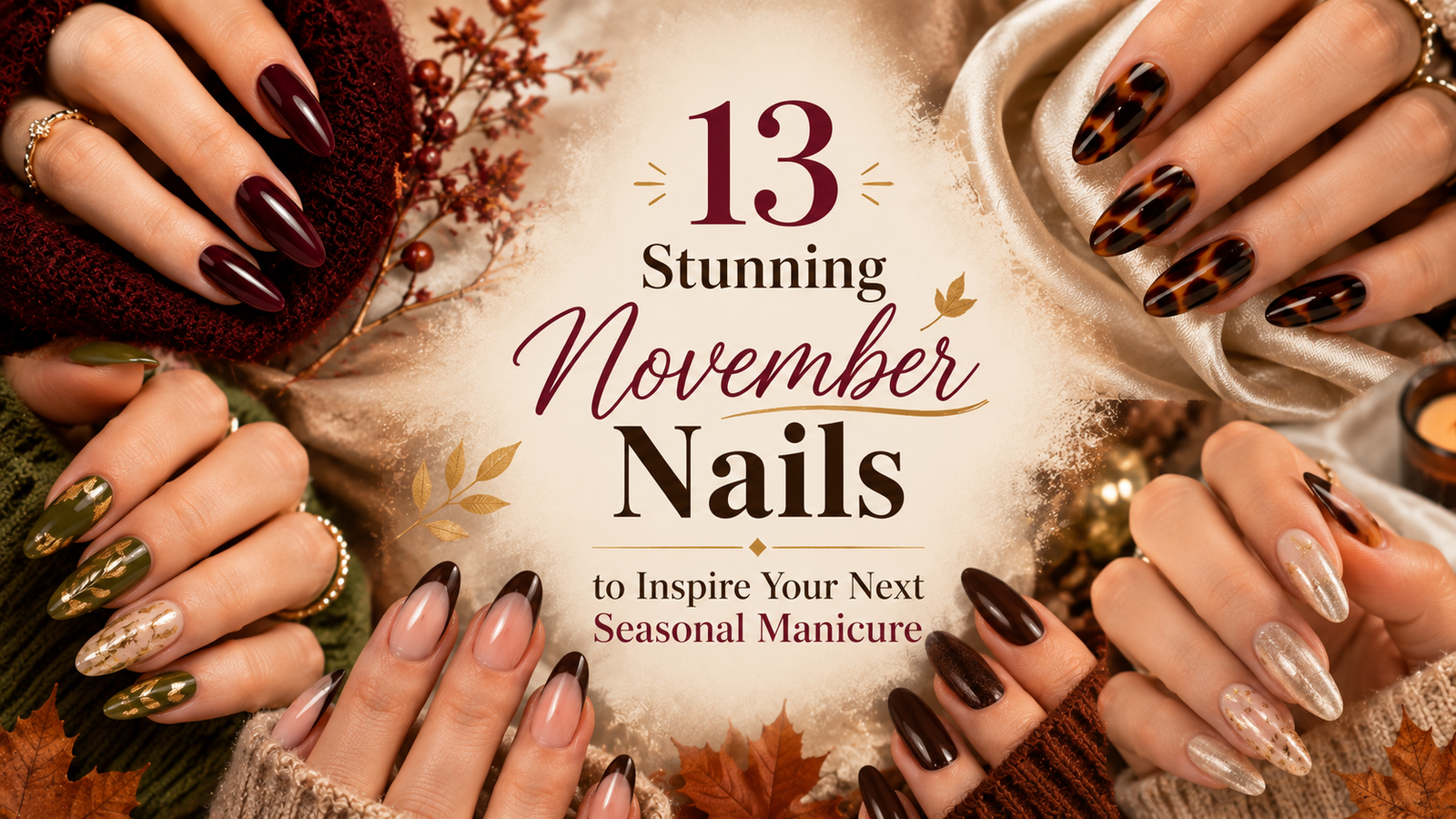 Collage of elegant November nail designs featuring burgundy, brown, caramel, olive green, plum, and gold manicures.