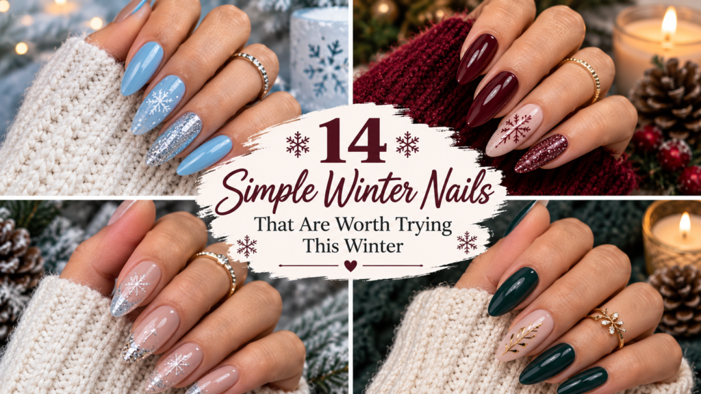 Collage of elegant winter nail designs featuring icy blue, milky white, burgundy, silver, nude, and dark green manicures.