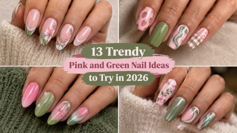 Collage of trendy pink and green nails with varied 2026 designs