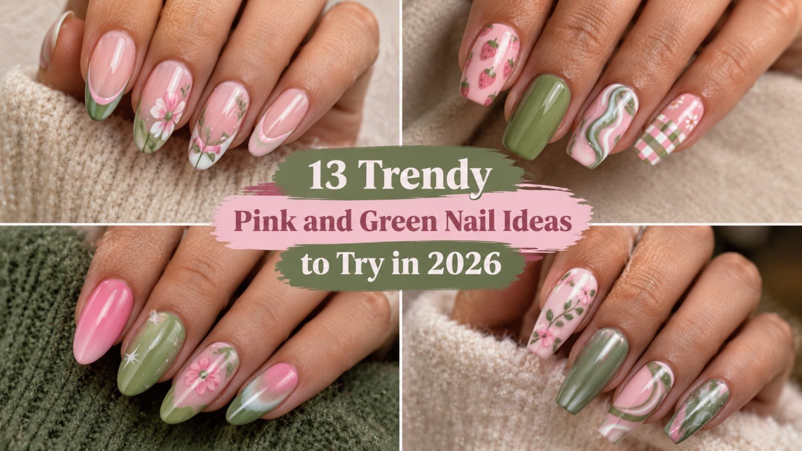 Collage of trendy pink and green nails with varied 2026 designs