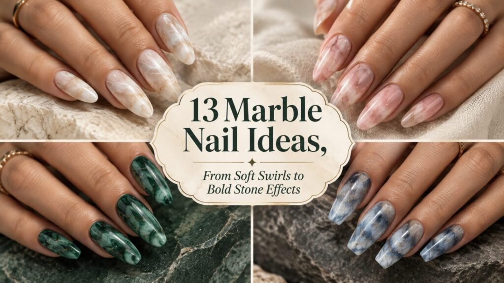 Collection of elegant marble nail designs in neutral, pink, green, blue, and gemstone-inspired finishes
