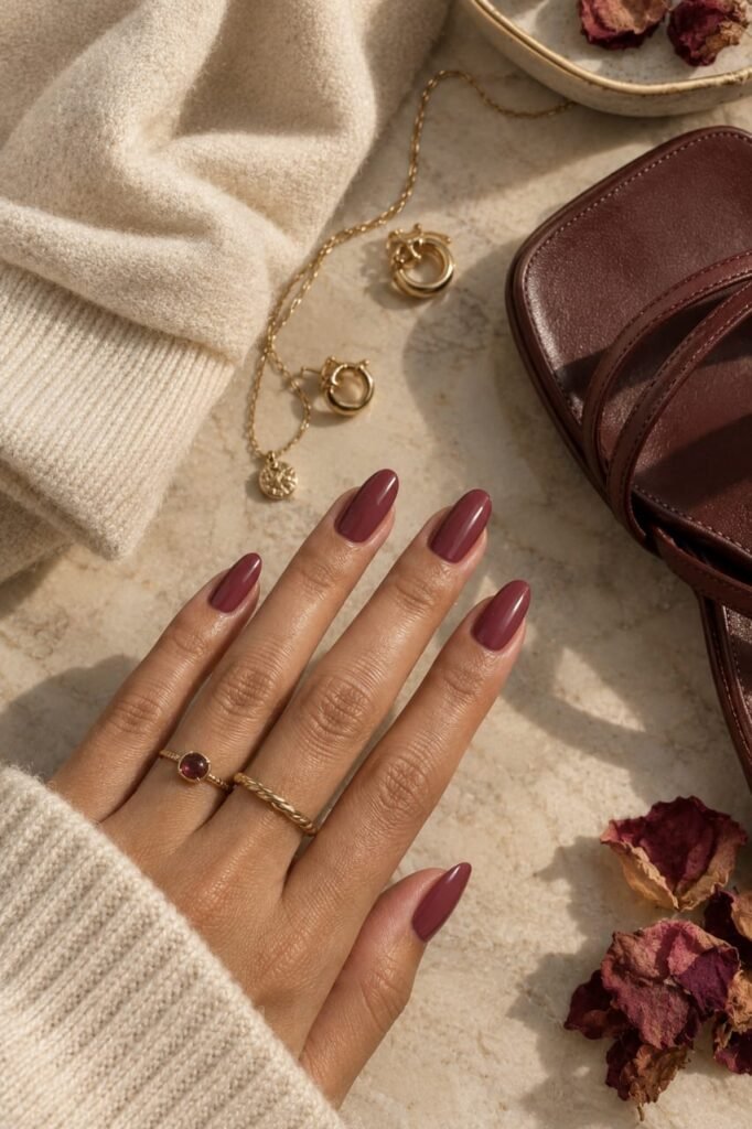 Cranberry rose September nails with a glossy berry finish styled beside a cream sweater and leather sandal.