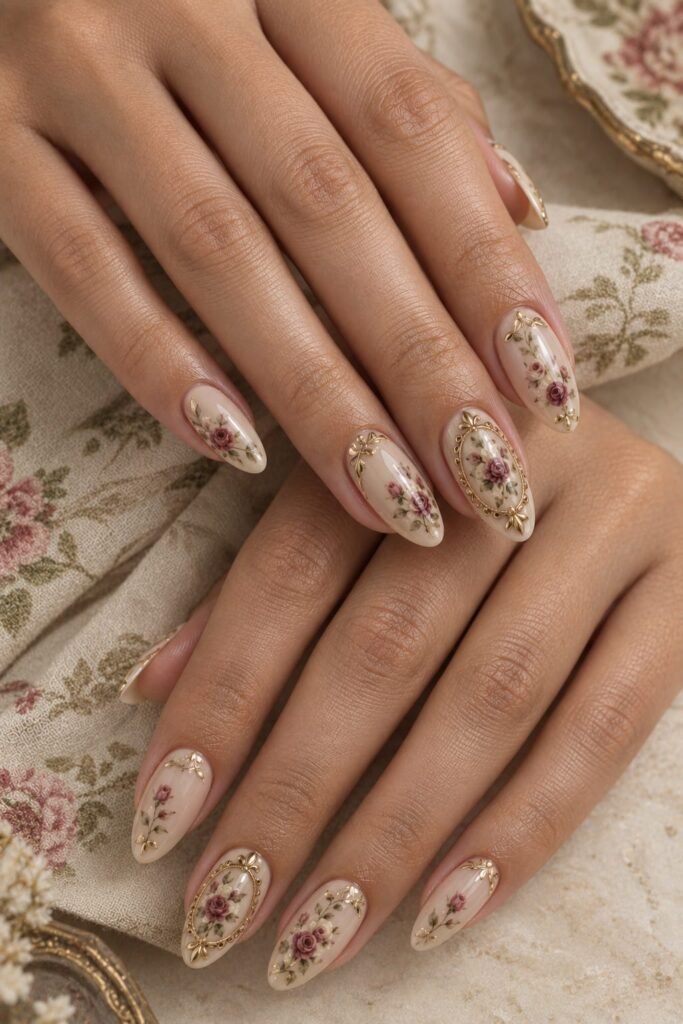 Cream Baroque nails with vintage roses, raised gold frames, and sage details.