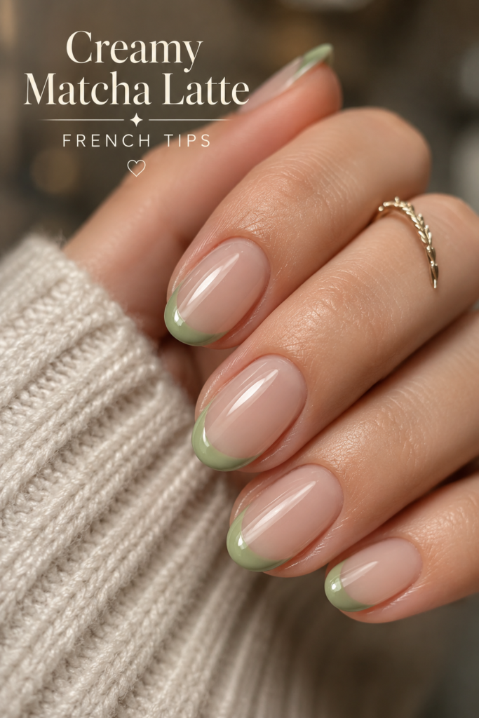Extreme close-up of medium oval nails featuring muted creamy matcha green French tips.