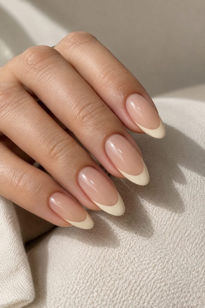 Creamy beige almond nails with modern beige French tips