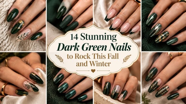 Curated collection of elegant dark green nail designs featuring glossy, velvet, chrome, French tip, and gold accent manicures.