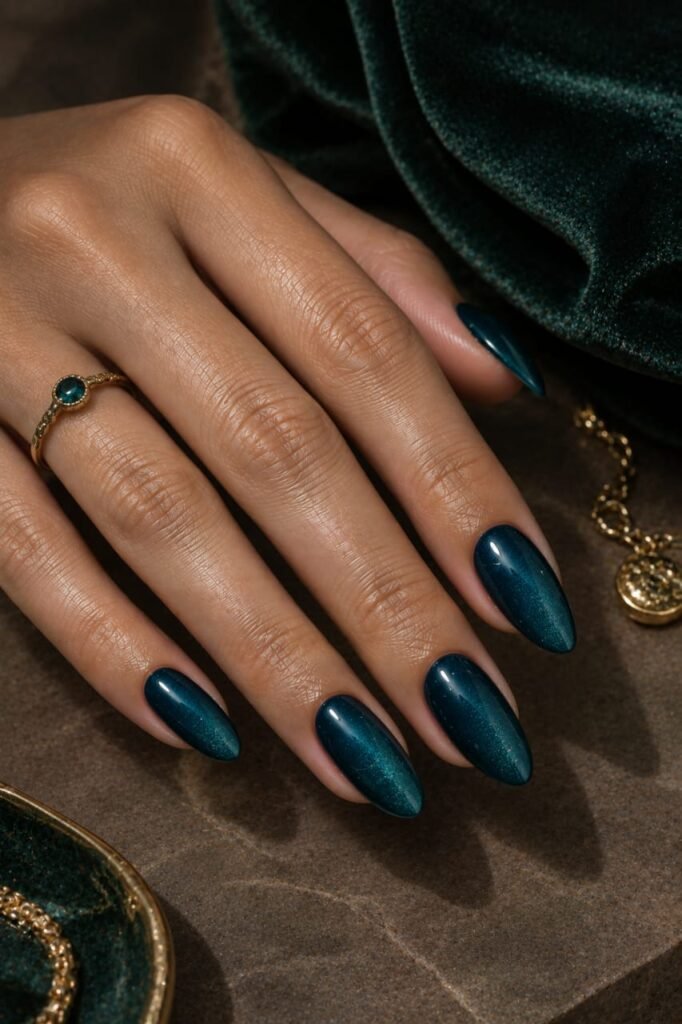 Dark teal velvet magnetic nails with deep blue-green and emerald undertones.