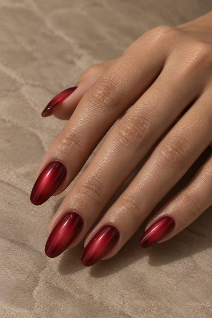 Deep cherry red aura nails with luminous blended centers