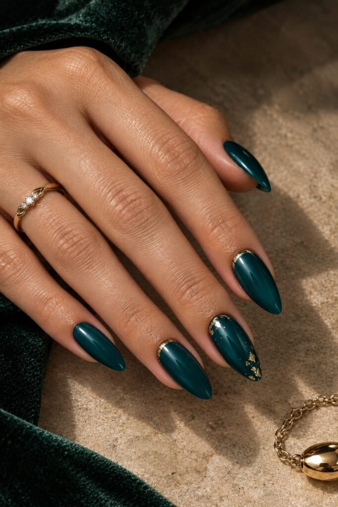 Deep jewel teal almond nails with delicate gold cuticle accents and foil.