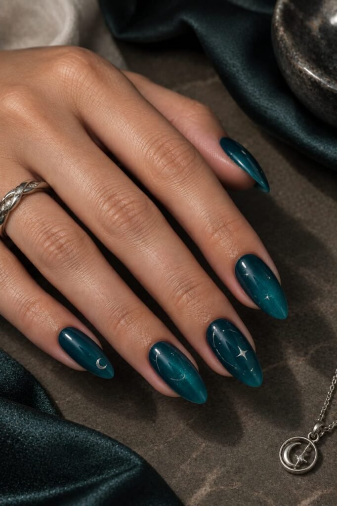 Deep teal almond nails decorated with delicate silver moons, stars, and orbit lines.