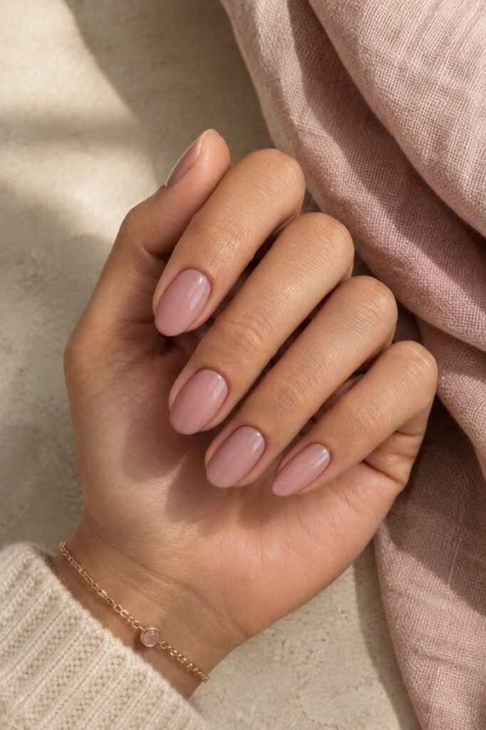 Dusty rose September nails with a soft satin finish styled beside blush linen and delicate jewelry.