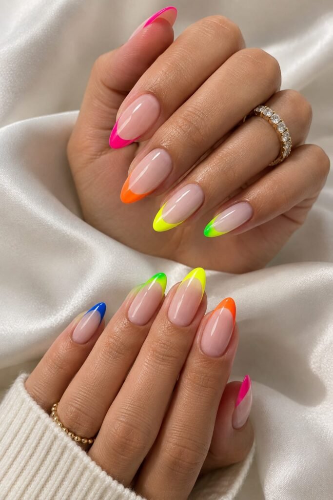 Electric rainbow French tip nails with bright neon colors on medium almond-shaped nails.