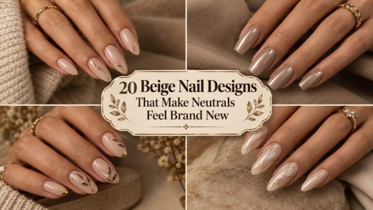 Elegant beige nail designs featuring French tips, chrome, gold accents, and neutral finishes