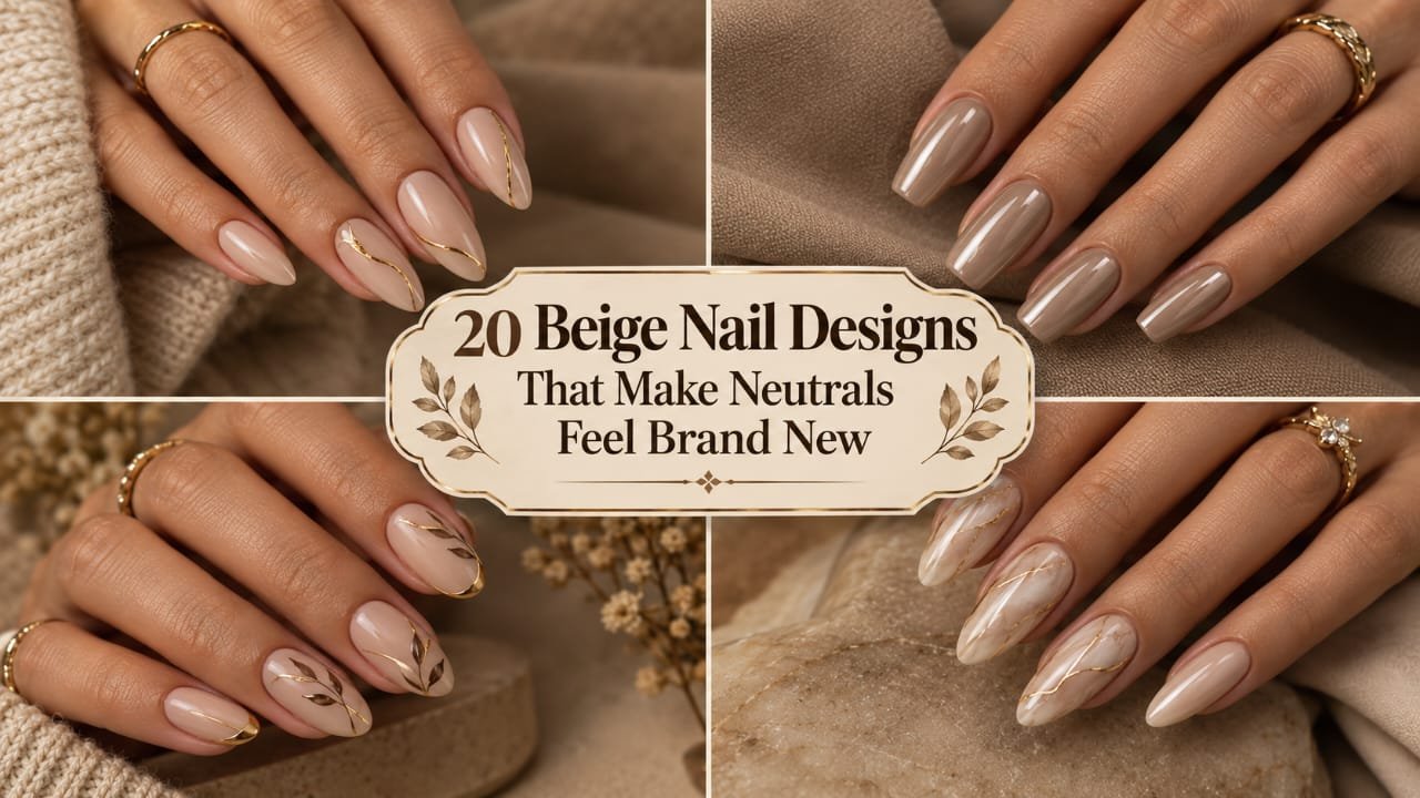 Elegant beige nail designs featuring French tips, chrome, gold accents, and neutral finishes
