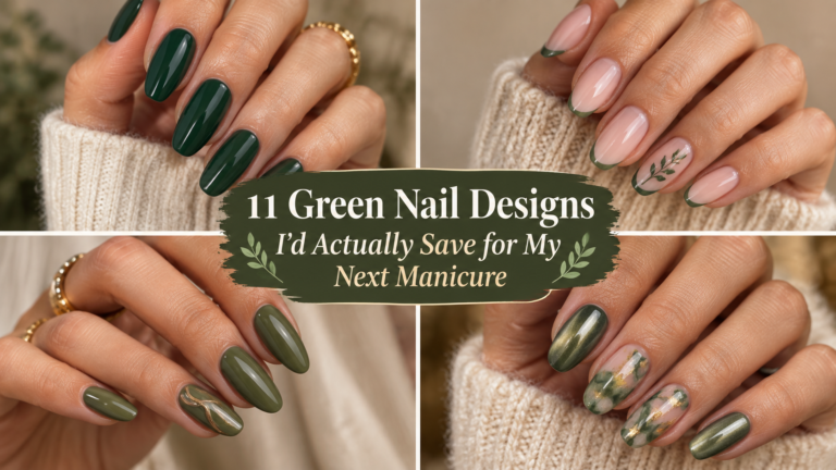Elegant feminine hands showcasing a variety of stylish green nail designs in different shades and finishes