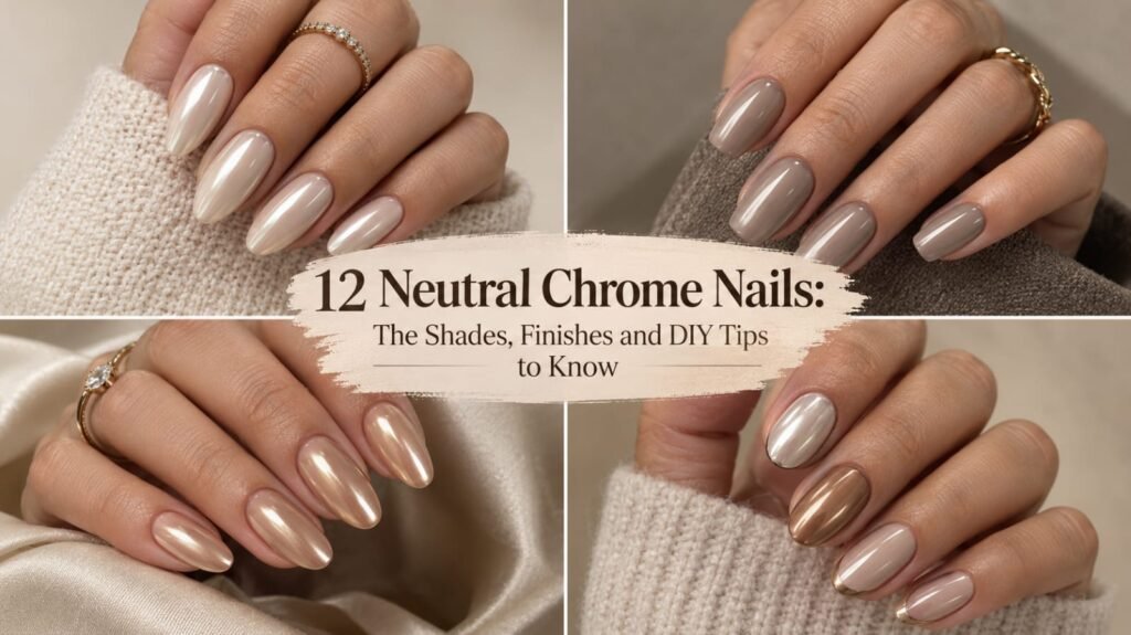 Elegant neutral chrome nails in soft nude, beige, ivory, and taupe finishes