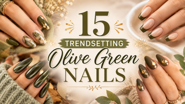 Elegant olive green manicure with gold foil accents on almond-shaped nails.