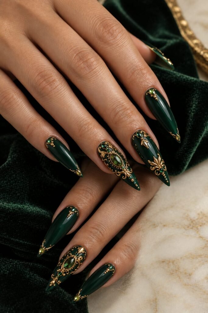 Emerald Baroque nails with antique-gold filigree and jewel-toned accents.