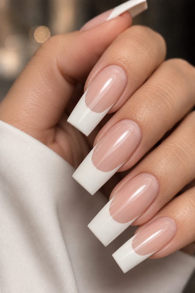Extreme close-up of long square nails with a milky pink base and thick stark white French tips.