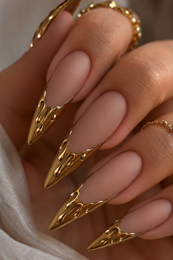 Extreme close-up of long stiletto nails with a matte nude base and 3D textured molten gold chrome French tips.