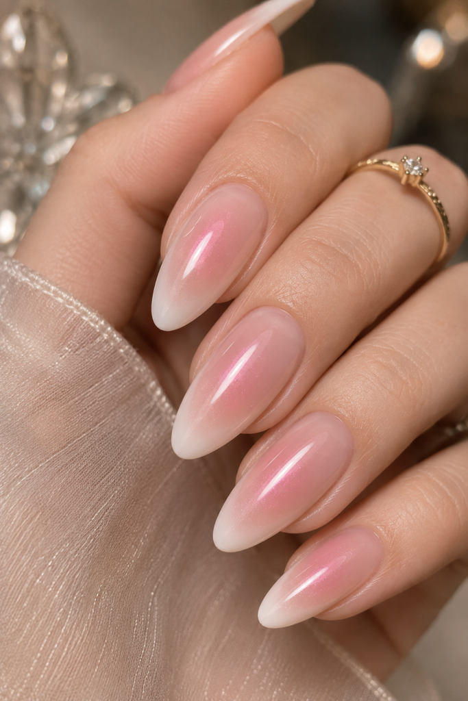 Extreme close-up of medium almond nails showing a soft pink aura blending into a crisp white French tip