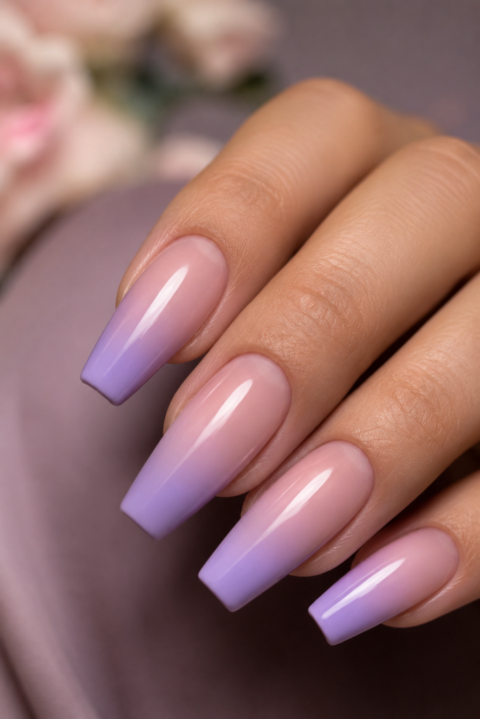 Extreme close-up of medium coffin nails with a pink to pastel lavender ombré French tip fade.