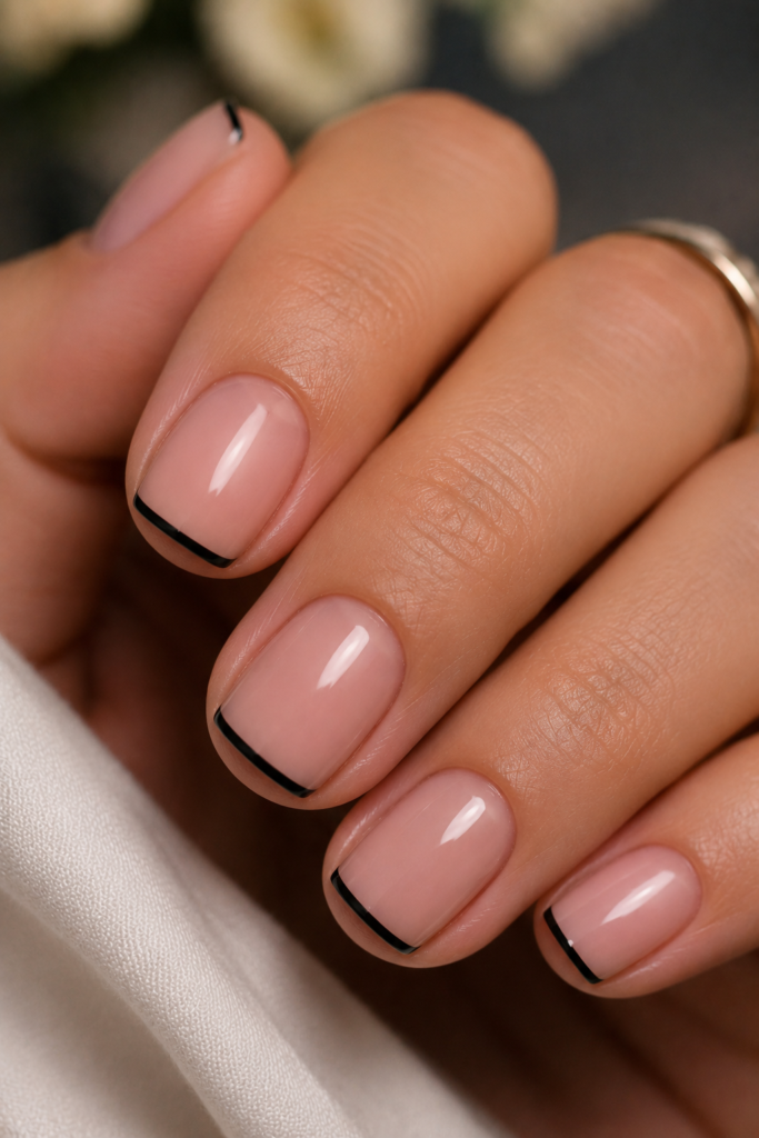 Extreme close-up of short square nails with a sheer pink base and razor-thin jet black micro-French tips