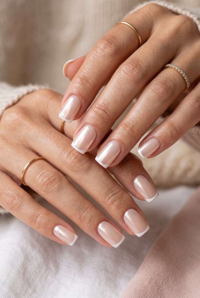 Extreme close-up of short square nails with a micro-French tip and pearlescent vanilla chrome finish.