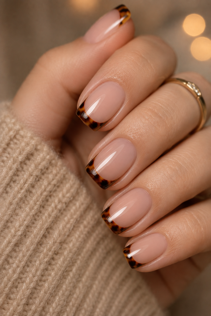 Extreme close-up of short squoval nails with a nude base and rich tortoiseshell patterned French tips