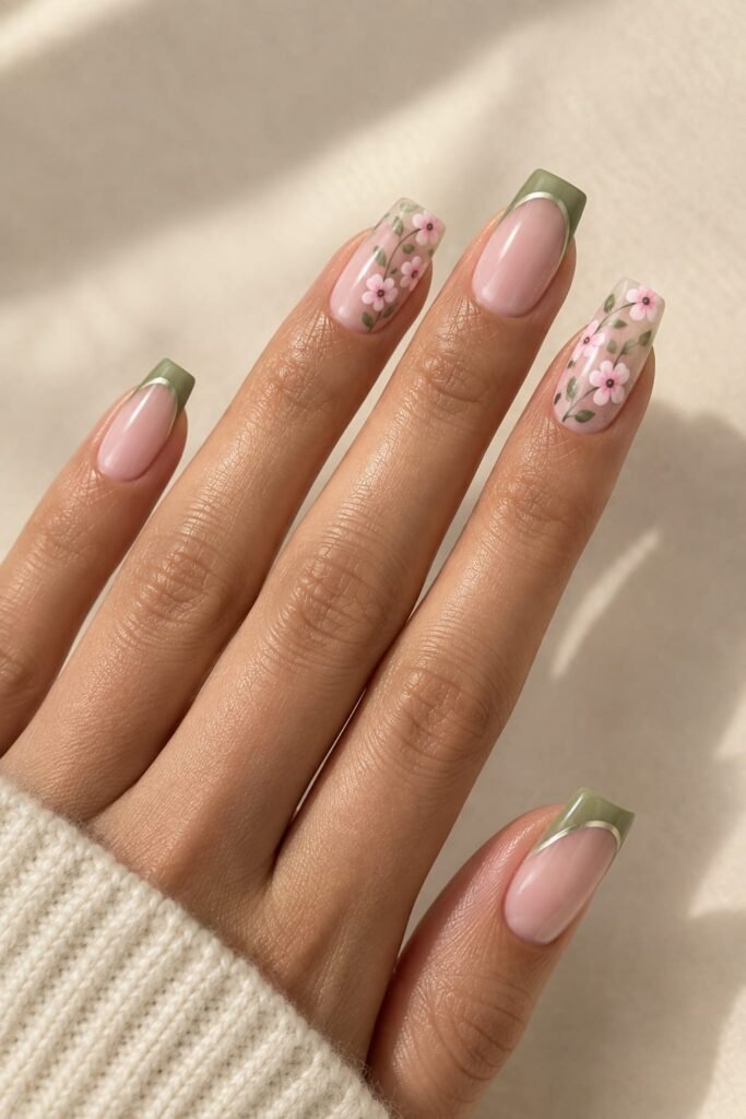 Floral pink and green French tips on soft-square nails