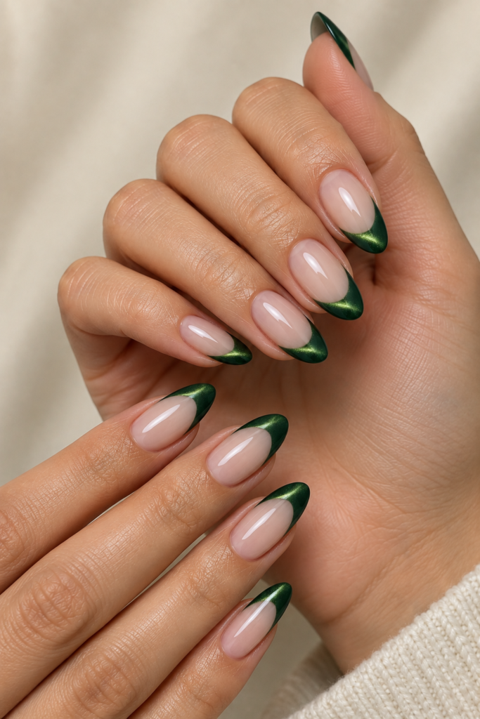 Forest green magnetic cat-eye French tips over a sheer nude oval manicure.
