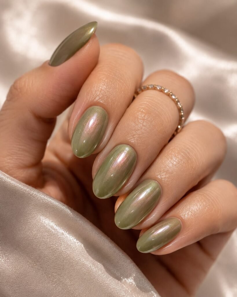 Glazed donut olive green manicure with pearl iridescent shimmer.