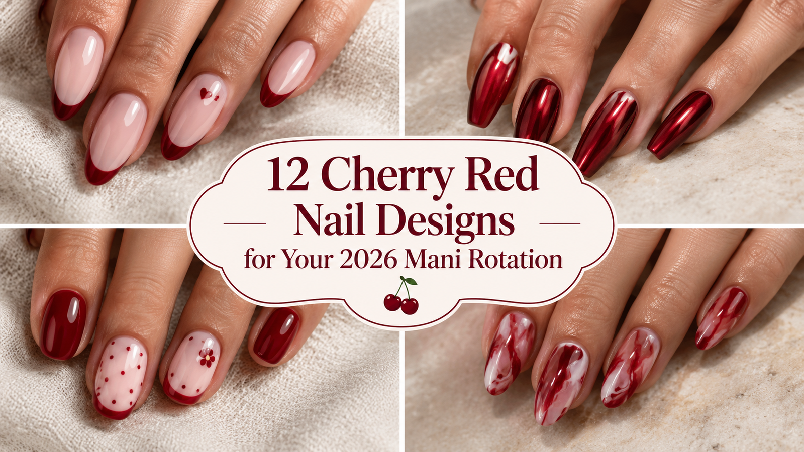 Glossy cherry red almond nails in a polished beauty-editorial manicure