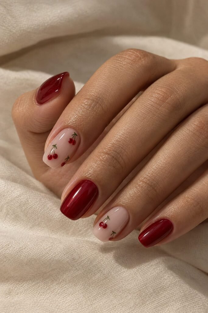 Glossy cherry red nails with tiny hand-painted cherry fruit accents